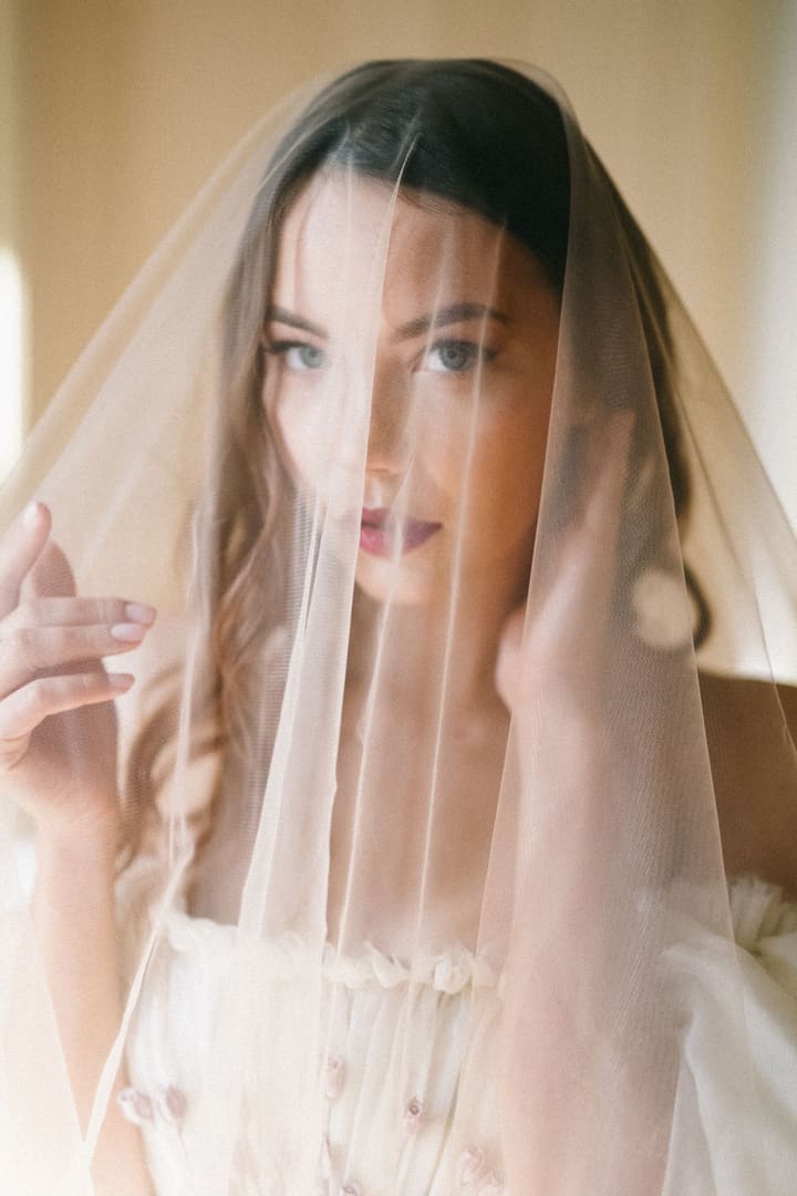 Bride looking out through a sheer ivory veil, her hands lifting its edges