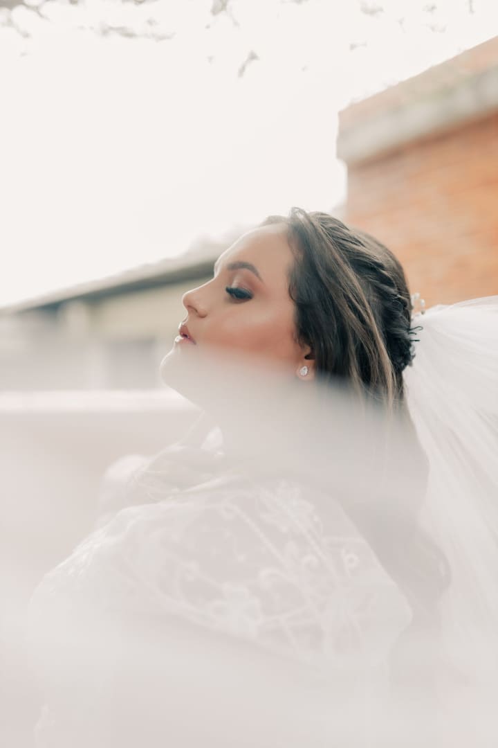 Bride with a low textured updo, seen in profile through pale tulle